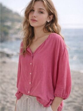 Tommy Bahama Pink Flowy Front Button Blouse Coastal Lightweight Crinkle Top